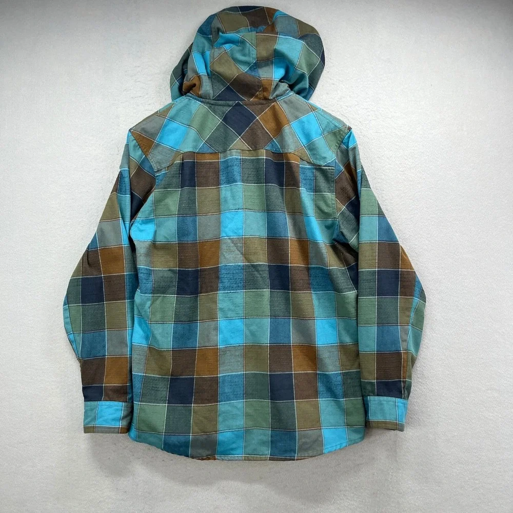 LL Bean Hooded Flannel Shirt Jacket Mens M Blue Green Plaid Snap Outdoor Shacket